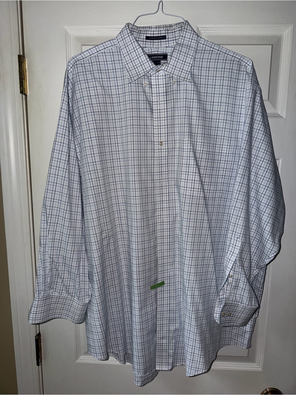 Lands' End Men's White Dress Shirt with Blue Windowpane Check